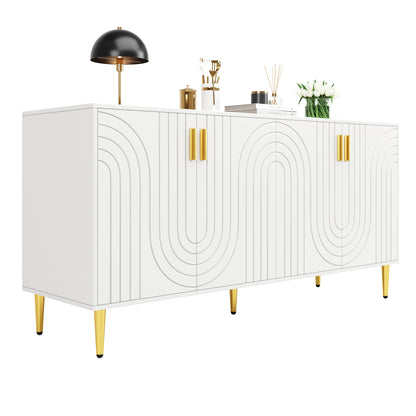Wit Sideboard – Dressoir – Buffetkast – Opbergkast – Eetkamerkast – Uniek Golf Design – Gouden Handgrepen en Poten – 152 x 40 x 75 cm – Multifunctionele Opbergruimte