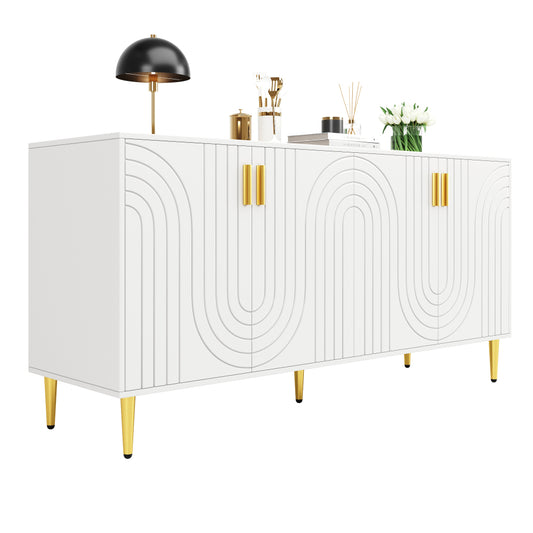 Wit Sideboard – Dressoir – Buffetkast – Opbergkast – Eetkamerkast – Uniek Golf Design – Gouden Handgrepen en Poten – 152 x 40 x 75 cm – Multifunctionele Opbergruimte