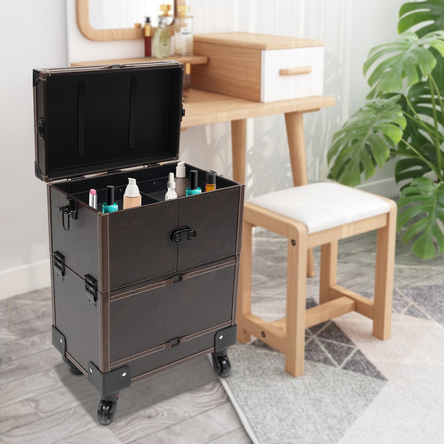 Make-up trolley – Make-up koffer – Beauty trolley – Rolling case – Cosmetica organizer – Koffiebruin – Duurzaam PU materiaal – 6 uitschuifbare trays