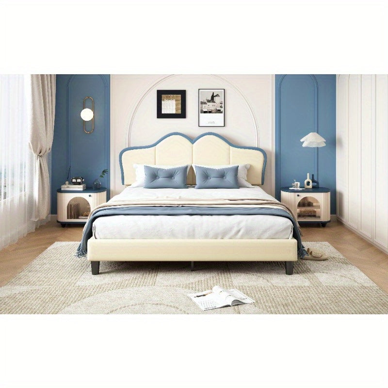 Bedframe – Bedombouw – Bedbodem – Ledikant – Slaapbank – Gevoerd Frame – Veiligheidsranden – 140x200 cm – PU Kunstleer – Wit Blauw
