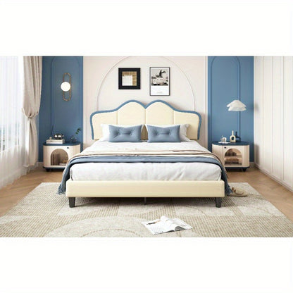 Bedframe – Bedombouw – Bedbodem – Ledikant – Slaapbank – Gevoerd Frame – Veiligheidsranden – 140x200 cm – PU Kunstleer – Wit Blauw