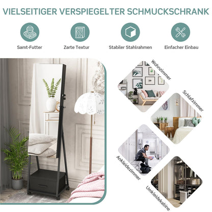 Sieradencabinet – Sieradenkast – Spiegelkast – Make-upkast – Opbergkast – Vrijstaand – Met Slot – Mobiel Met Wieltjes – Zwart – MDF Met Metaal – 42x38x157 cm