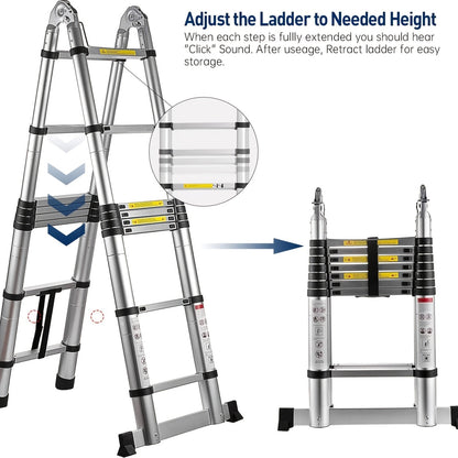 Telescopische Ladder – Uitschuiflader – Vouwladder – A-Frame Ladder – Multitrap – Roestvrij Staal – 5 Meter Hoogte – Draagvermogen 150 kg