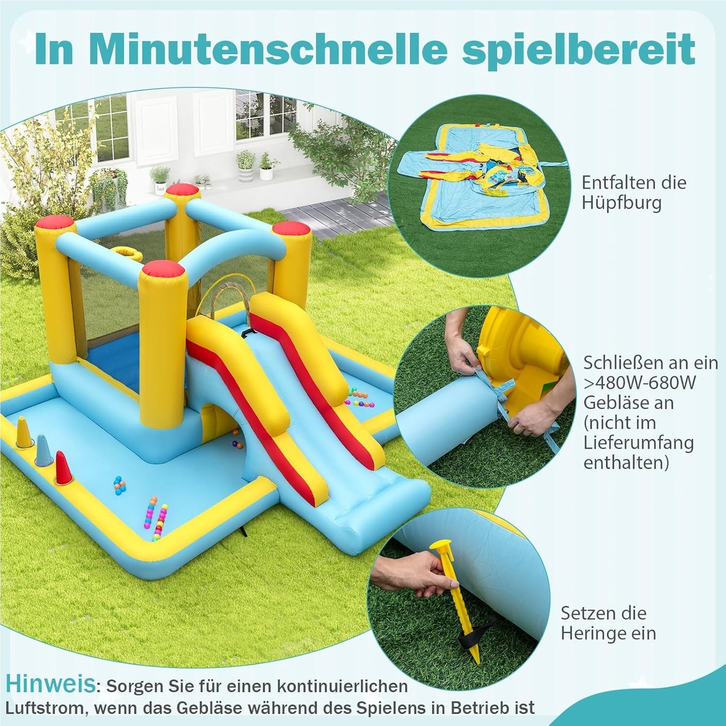 Springkussen – Springkasteel – Luchtkussen – Speeltoestel – Jump-O-Lene – Met Glijbaan & Tunnel – Inclusief Basketbalring & Ringwerpspel – Groot 394x389x194 cm – Duurzaam Oxford Polyester