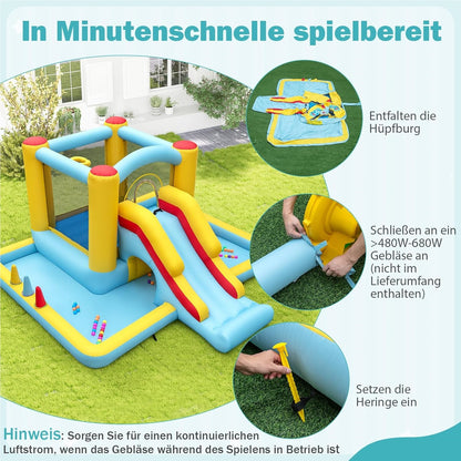 Springkussen – Springkasteel – Luchtkussen – Speeltoestel – Jump-O-Lene – Met Glijbaan & Tunnel – Inclusief Basketbalring & Ringwerpspel – Groot 394x389x194 cm – Duurzaam Oxford Polyester