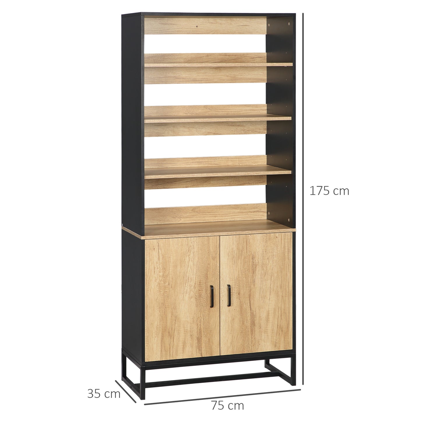 Keukenkast – Buffetkast – Dressoir – Opbergkast – Keukenkastje – Zwart/Natuurlijk Hout – 4 Verstelbare Planken – 75x35x175 cm