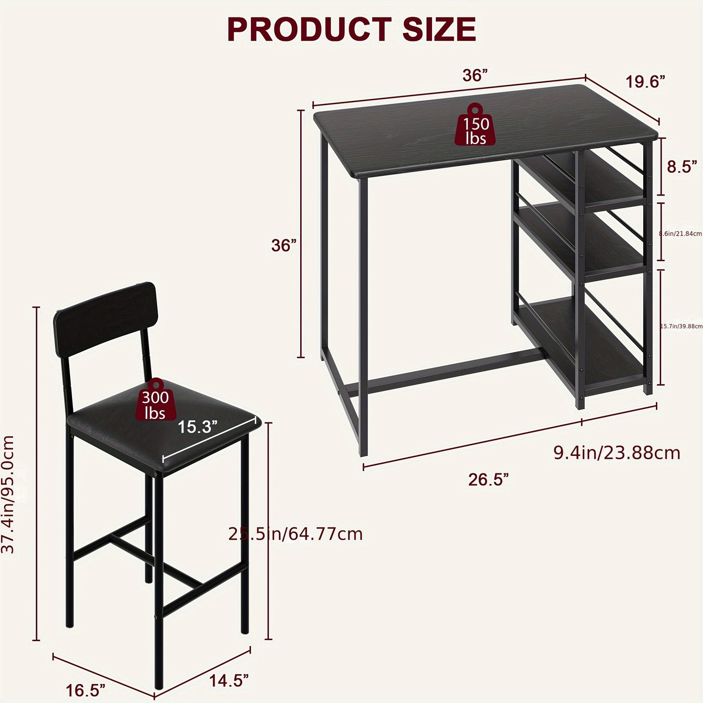 Bartafelset – Barset – Bistroset – Eettafelset – Barkrukset – Industrieel Design – Compact Met 3 Opbergplanken – 2 Gestoffeerde Stoelen – Zwart