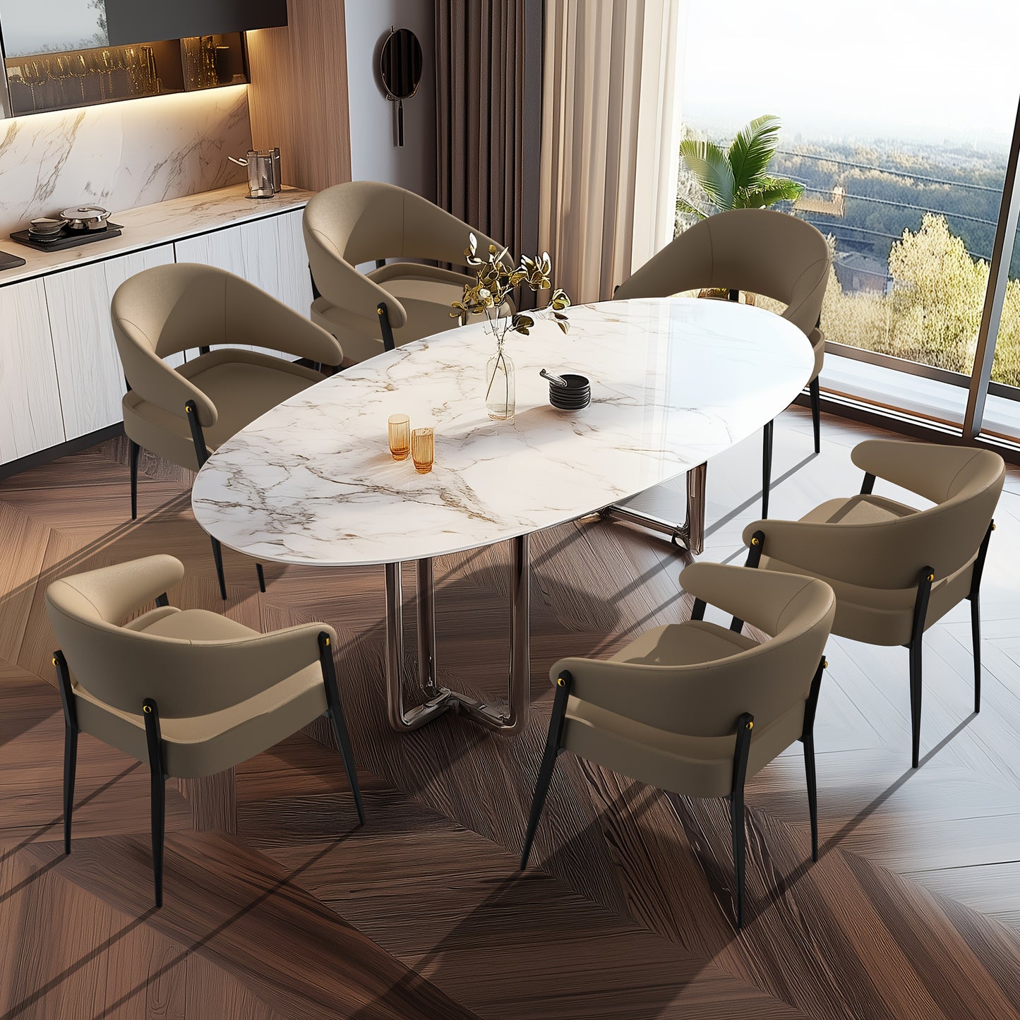 Eetkamerstoelen – Stoelen – Kuipstoelen – Design Stoelen – Keukenstoelen – Set Van 2 – Microfiber En Silicone Leer – Metalen Pootjes – Ergonomische Rugleuning – Comfortabele Schuimzitting – Khaki En Zwart/Bruin