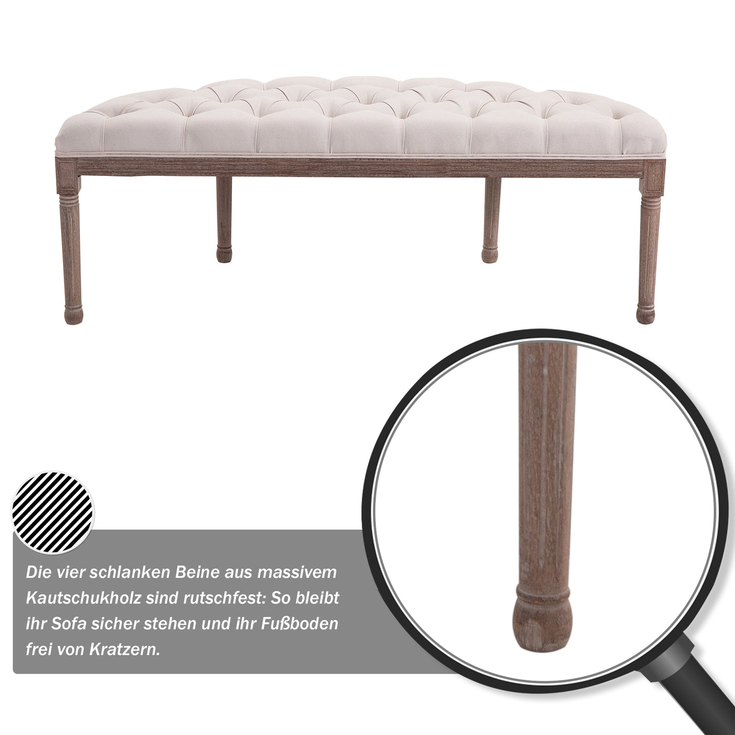 Bankje – Zitbank – Poef – Halbank – Loungekruk – Gevuld Kussen – Linnen Bekleding – Stabiele Houten Poten – 140,5 x 51 x 48 cm – Beige