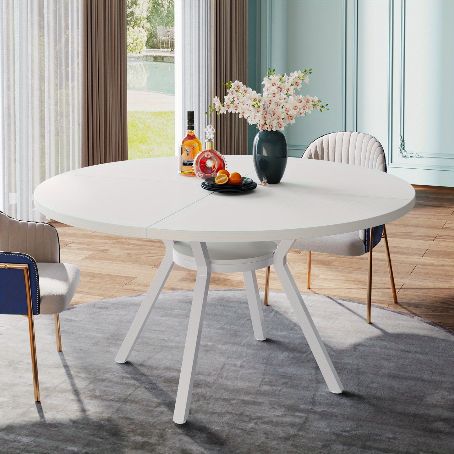Eettafel – Ronde Tafel – Keukentafel – Uitschuifbare Tafel – Compacte Tafel – Wit – 47 Inch Diameter – Geperst Hout & Spaanplaat