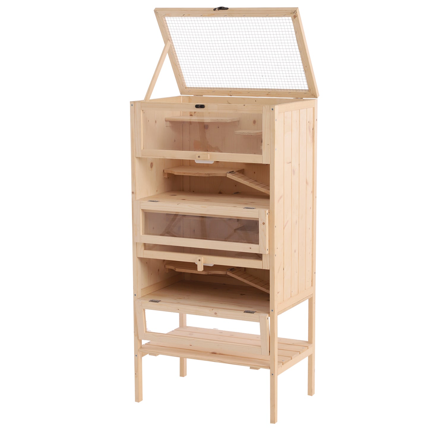 Hamsterkooi – Knaagdierkooi – Muiskooi – Kleine Dier Kooi – Dierenverblijf – 5 Verdiepingen met 10 Platforms – Massief Dennenhouten Kooi Beige 60x40x120 cm