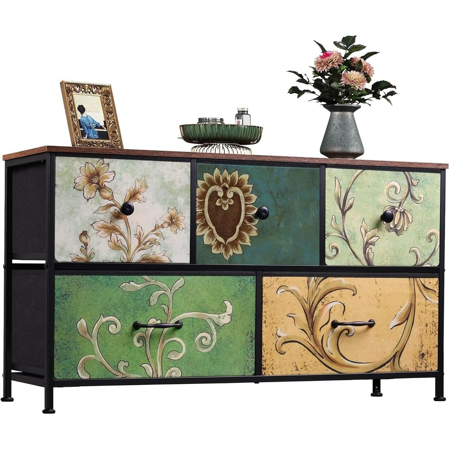 Dressoir – Ladekast – Opbergkast – Kast – Sideboard – Met Metalen Frame – 7 Stoffen Lades – Massief Houten Bovenblad