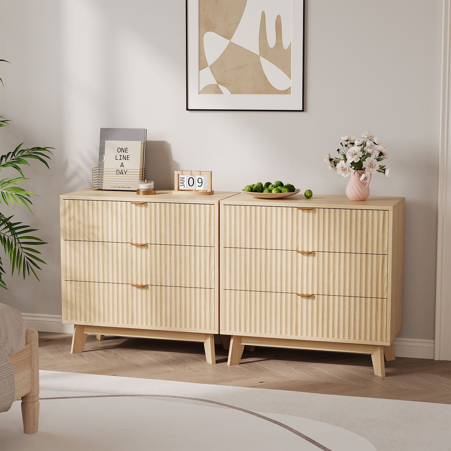 Modern Oak Wood Dresser with 3-Drawer Storage - Natural Oak Finish & Metal Handles, Tall Cabinet Suitable for Bedroom, Living Room, Hallway - Assembly Required, Furniture