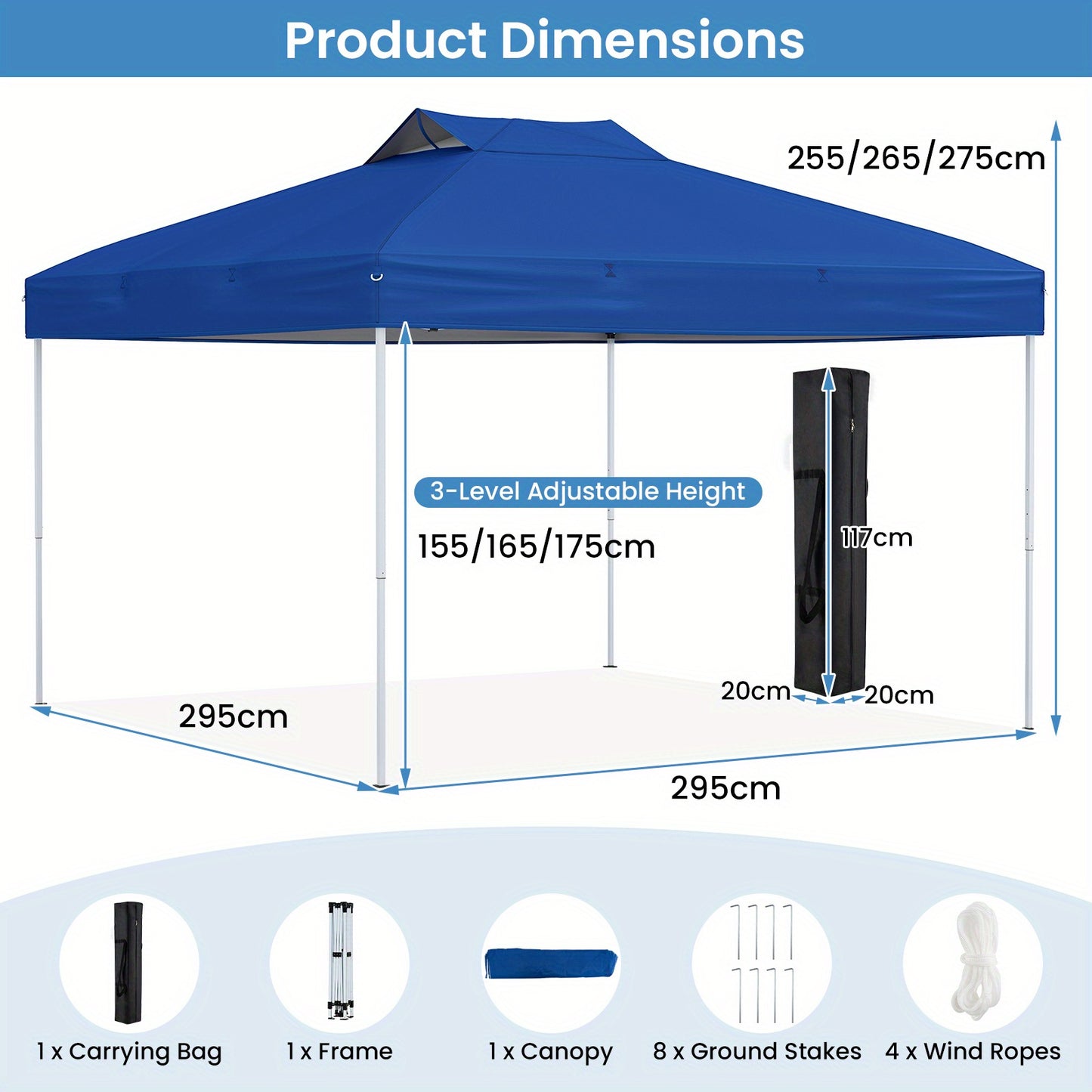 Pop-up Partytent – Pop-up Tent – Camping Tent – Privacy Tent – Beach Tent – Blauw/Grijs – UPF50+ Zonbescherming – 3 Verstelbare Hoogtes (256-274 cm)