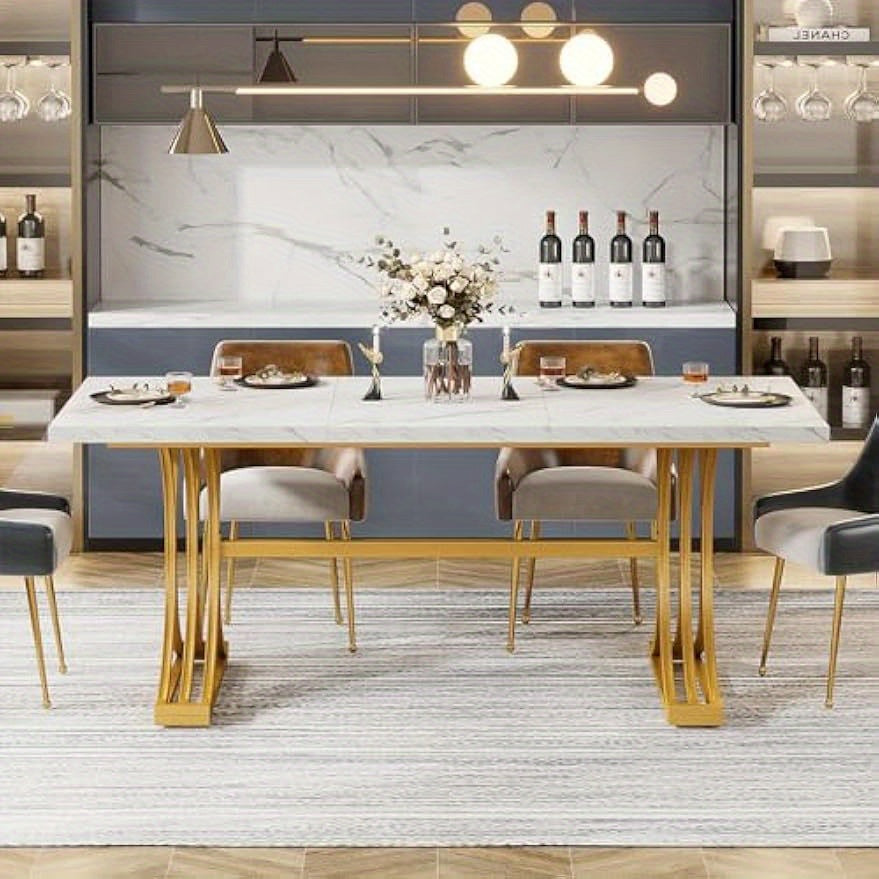 Eettafel – Tafel – Dinertafel – Keukentafel – Vergadertafel – Modern – Wit & Goud – 160x80 cm – Stevige Metalen Poten – Faux Marmeren Tafelblad