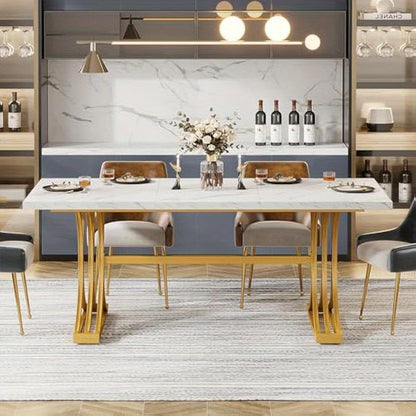 Eettafel – Tafel – Dinertafel – Keukentafel – Vergadertafel – Modern – Wit & Goud – 160x80 cm – Stevige Metalen Poten – Faux Marmeren Tafelblad