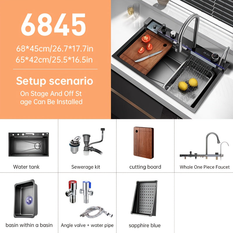 26.7×17.7-inch Black Freestanding Kitchen Sink with Honeycomb Surface, 3-Setting Pull-Down Faucet, Accessories for Glass Rack Soap Dispenser Cutting Board, Modern Minimalist Design Easy Installation Suitable for Countertop a