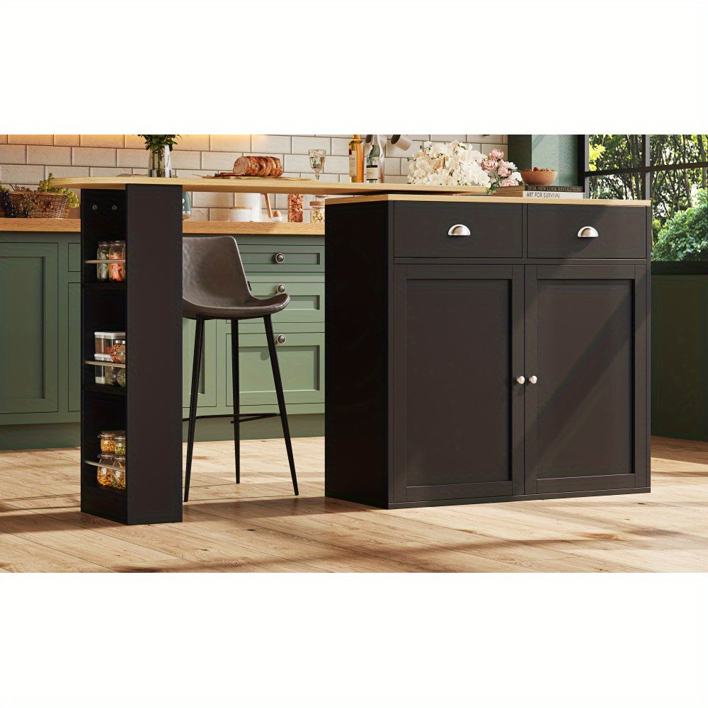 360° Rotating Modern Storage Island with 2 Drawers, 2 Doors & Open Shelves - Multi-Functional Black Cabinet with Spacious Countertop, Space-Saving Design for Kitchen, Living Room, Bedroom - Durable Metal Construction, Floor-