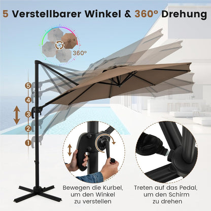 Parasol – Tuinparasol – Zweefparasol – Balkonparasol – Stokparasol – Ø 300 cm – Kantelbaar & 360° Draaibaar – UV-bestendig Polyester – Robuuste Aluminium Frame – Bruin