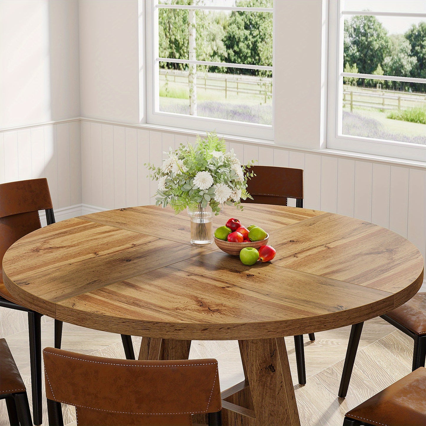 Ronde Eettafel – Houten Tafel – Keukentafel – Draaibare Tafel – Landelijke Tafel – Ruimtebesparend Design – Stevig Kruisvormig Onderstel – Diameter 120 cm – Burlywood Hout