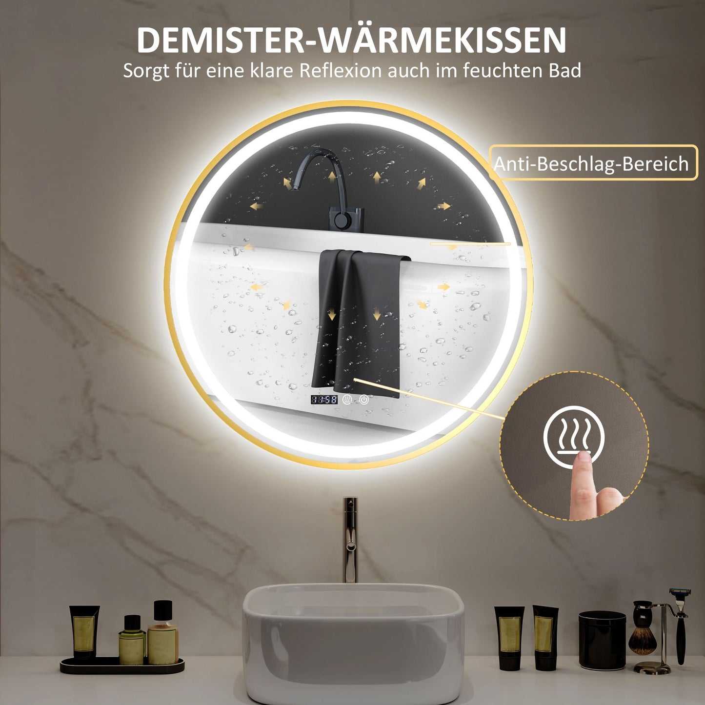 Ronde Badkamerspiegel – Spiegel Met LED Verlichting – Badkamerspiegel Met Antibeslag – Touch Spiegel – Digitale Badkamerspiegel – Goudkleurig Design – Zelfvoorzienende Stroom – Tijd- En Temperatuurweergave