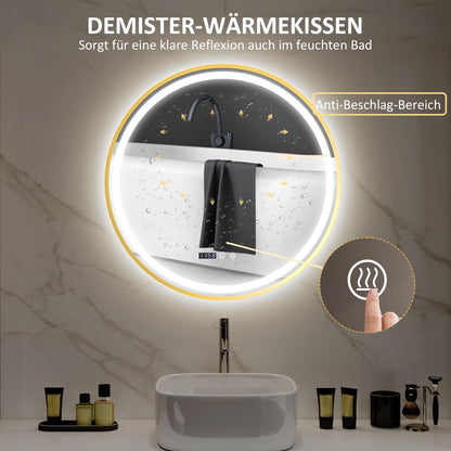 Ronde Badkamerspiegel – Spiegel Met LED Verlichting – Badkamerspiegel Met Antibeslag – Touch Spiegel – Digitale Badkamerspiegel – Goudkleurig Design – Zelfvoorzienende Stroom – Tijd- En Temperatuurweergave