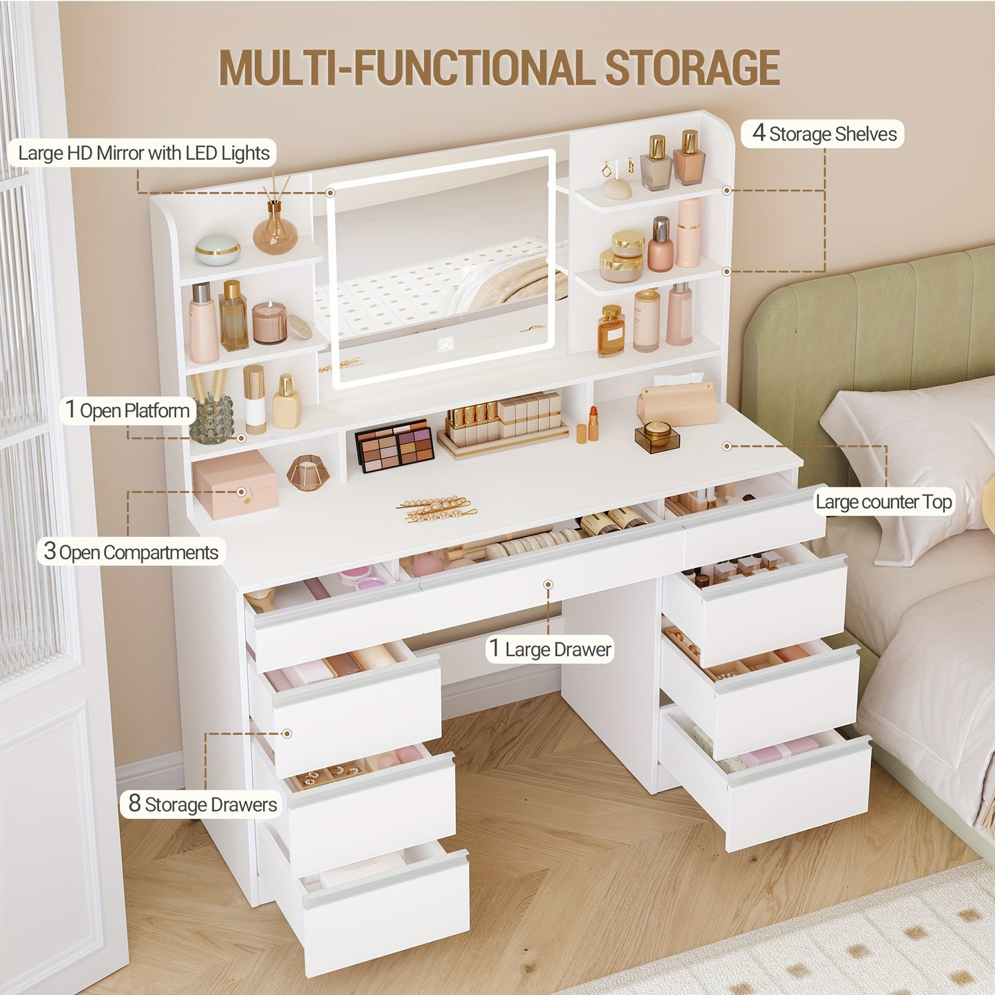 Kaptafel – Make-up Tafel – Cosmeticatafel – Verzorgingstafel – Dressoir – Groot Formaat – LED Verlichting Met Instelbare Kleur En Helderheid