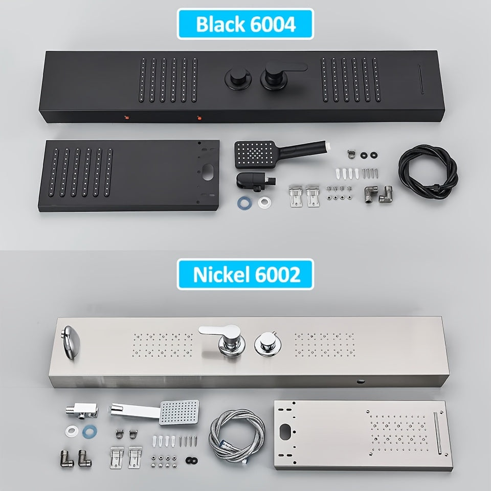 5-in-1 Stainless Steel Shower Panel Tower System with Rainfall Showerhead, Waterfall Spout, Handheld Shower & Tub Spout - High-Pressure Wall-Mounted Bath System, Matte Black Finish, Blue Backlit Controls, Easy Installation (N