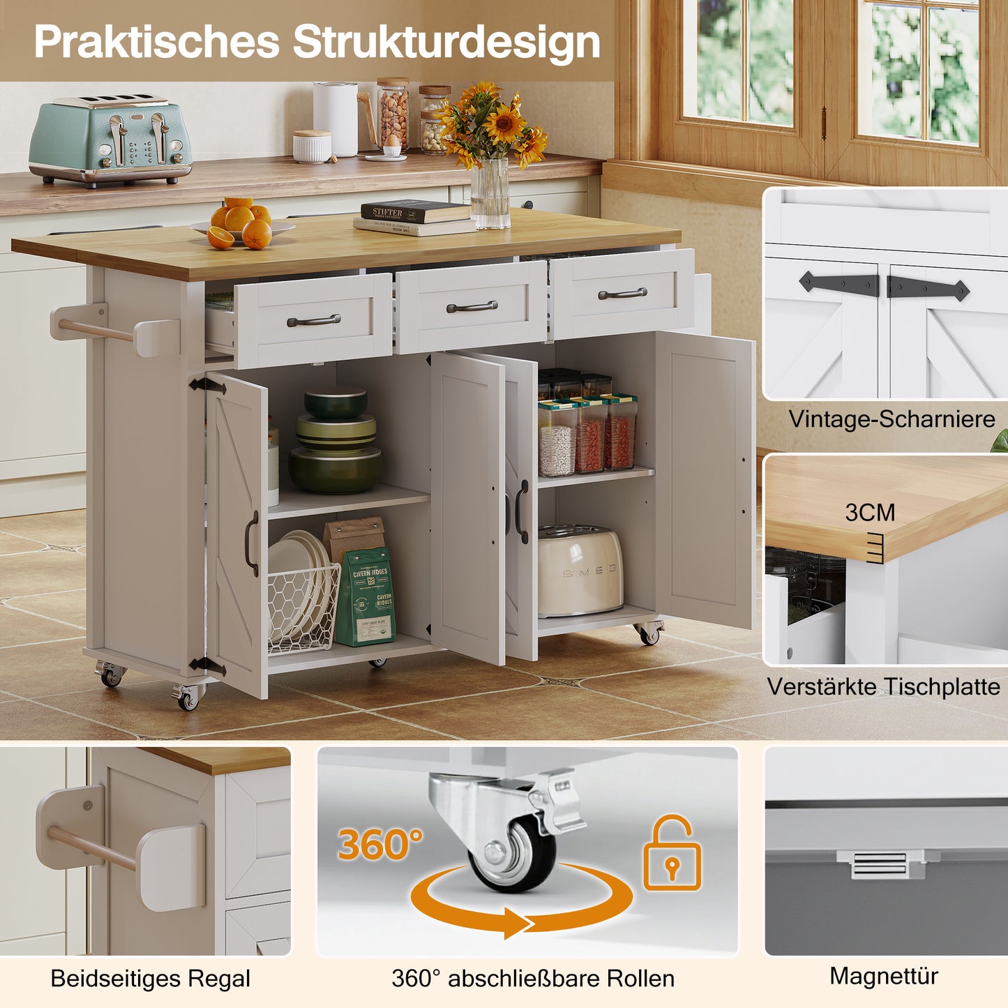 Keukeneiland – Keukentrolley – Keukenkast – Buffetkast – Serveerwagen – Uitklapbaar Werkblad 70 cm – Stevig MDF Wit 140x43(70)x90,5 cm