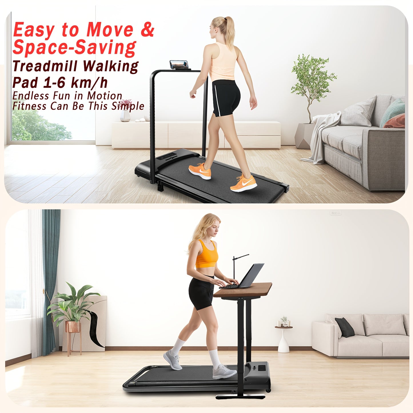 Loopband – Treadmill – Loopapparaat – Fitnessband – Wandelmachine – 2-in-1 Met Armleuningen – 6% Helling – Stil En Compact – Afstandsbediening – Zwart
