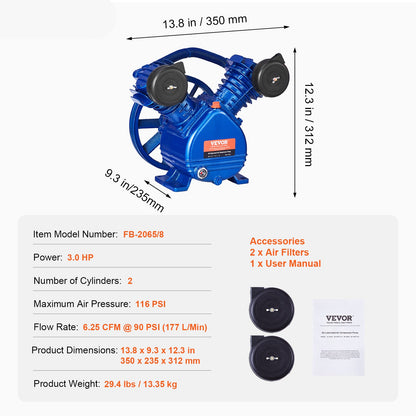 Compressorkop – Luchtcompressor Pompkop – Pompkop – Air Compressor Head – Tweecilinder Compressor – 3PK Vermogen – 6,25 CFM Luchtvolume bij 90 PSI