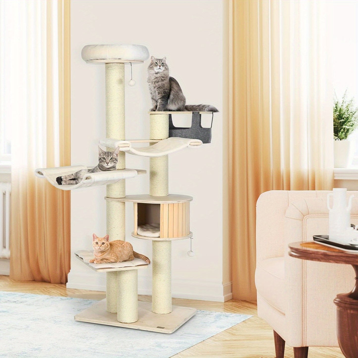 Krabpaal – Kattenboom – Kattenhuis – Kattenkrabpaal – Kattenpaal – 197 cm Hoog – Natuurlijk Hout Met Sisal Palen