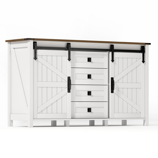 Dressoir – Sideboard – Opbergkast – Ladekast – Witte Walnootlook – 137 cm Breed – 2 Schuifdeuren & 4 Laden