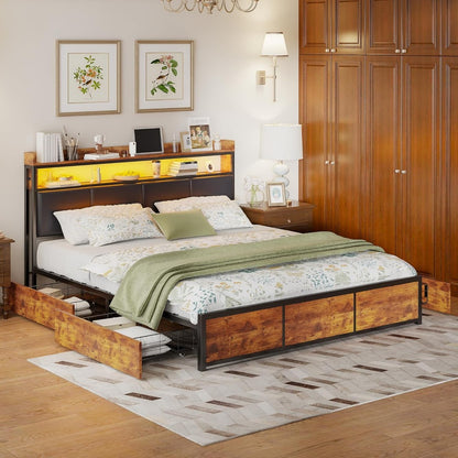 Tweepersoons Opbergbed – Bed Met Laden – Slaapbank – Opbergbed – Led Bed – 140x200 cm – PU Leer Hoofdbord – USB Oplaadpoorten