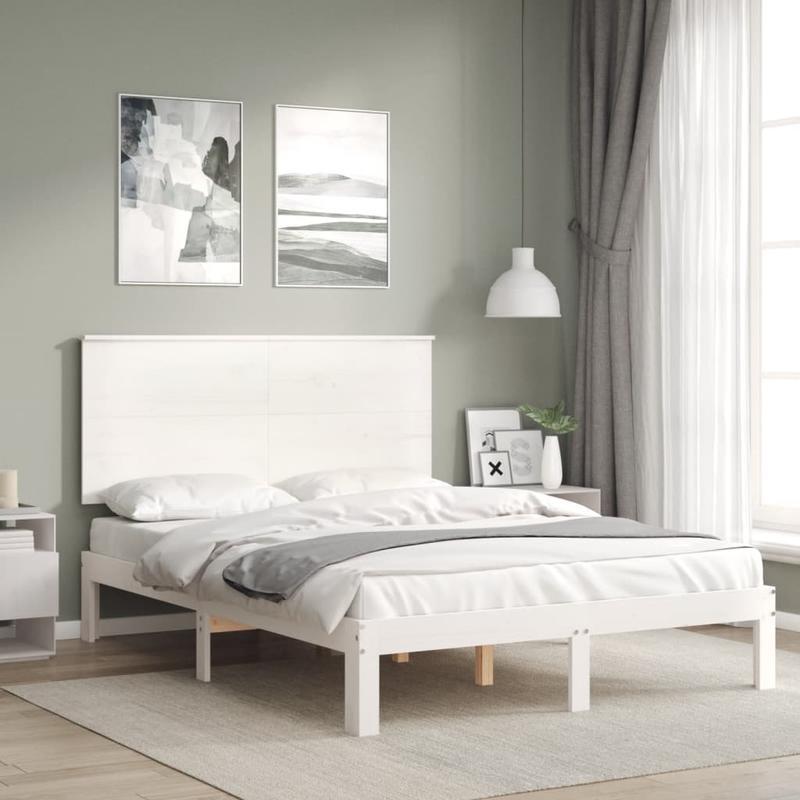 Modern Minimalist Small Double Bed Frame with Headboard - Solid Hardwood Construction, Easy Assembly, Space-Saving Design for Guest Rooms, Studios, Apartments - Durable Bed Furniture Neutral White Finish, Bed Room Decor And A