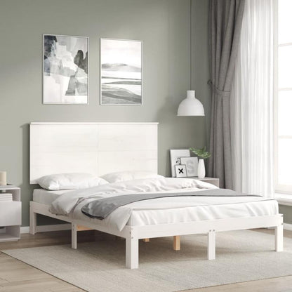 Modern Minimalist Small Double Bed Frame with Headboard - Solid Hardwood Construction, Easy Assembly, Space-Saving Design for Guest Rooms, Studios, Apartments - Durable Bed Furniture Neutral White Finish, Bed Room Decor And A