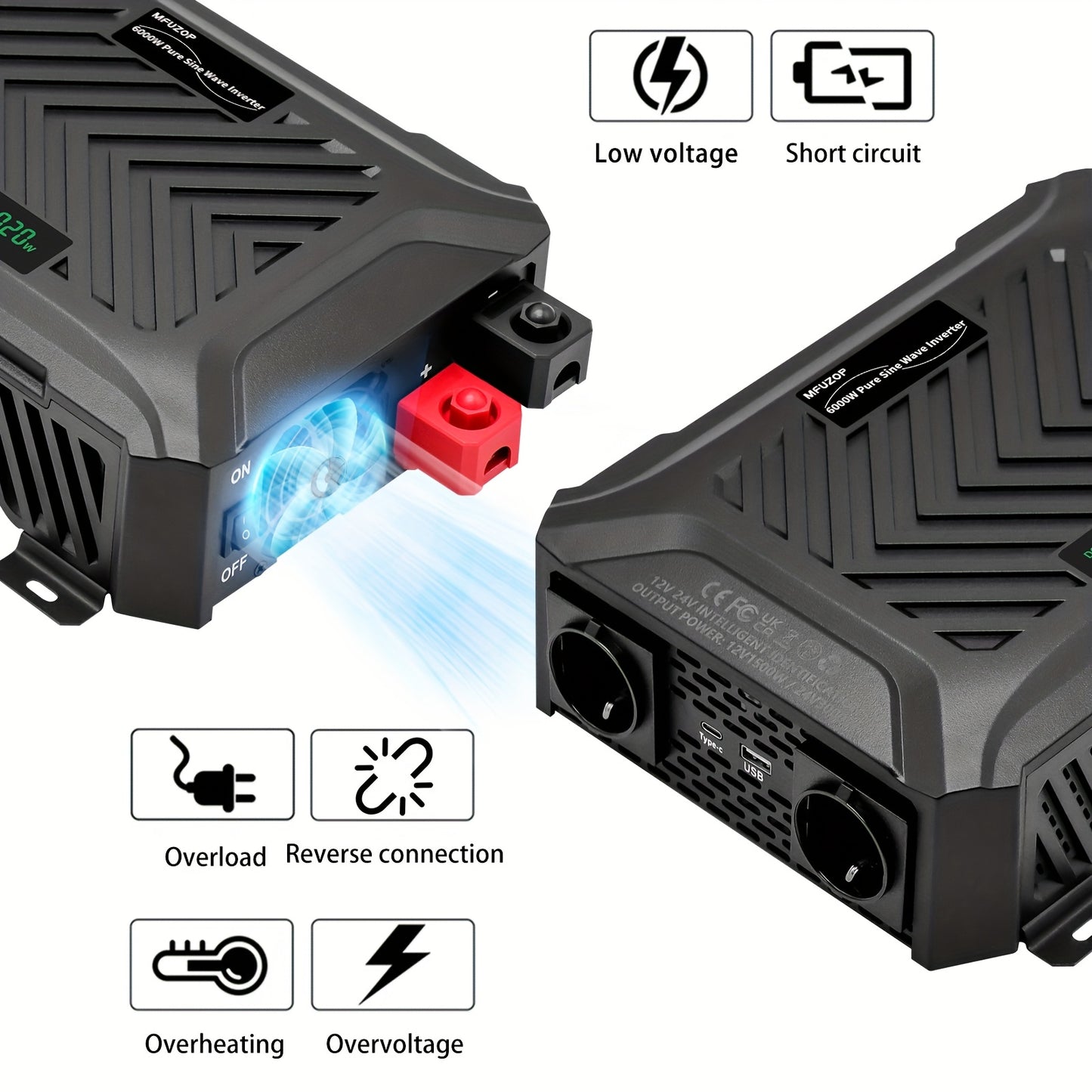 Zuivere Sinusgolf Omvormer – Spanningsomvormer – DC naar AC Converter – Stroomomzetter – Dual Voltage Inverter – 3000W Continu / 6000W Piekvermogen – Automatische 12V/24V Detectie