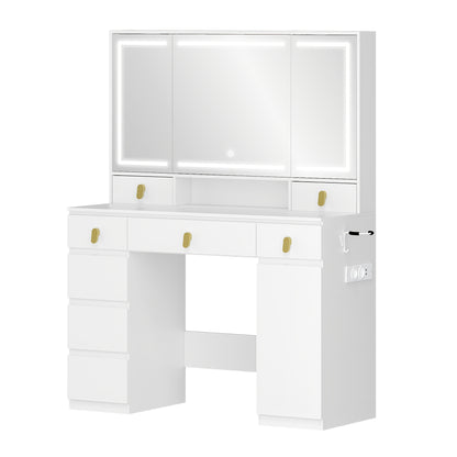 Make-up Tafel – Kaptafel – Beauty Tafel – Schminktafel – Dressing Table – Wit – Grote Spiegel met LED-Verlichting – 8 Lades en Stopcontacten