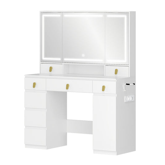 Make-up Tafel – Kaptafel – Beauty Tafel – Schminktafel – Dressing Table – Wit – Grote Spiegel met LED-Verlichting – 8 Lades en Stopcontacten