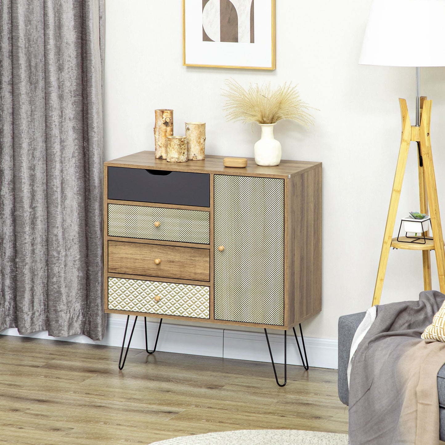 Bohemian Style HOMCOM 4-Drawer Dresser with 1 Cabinet - Hairpin Legs - Brown, 79 x 39 x 86 cm