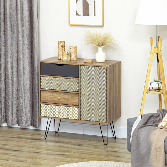 Bohemian Style HOMCOM 4-Drawer Dresser with 1 Cabinet - Hairpin Legs - Brown, 79 x 39 x 86 cm