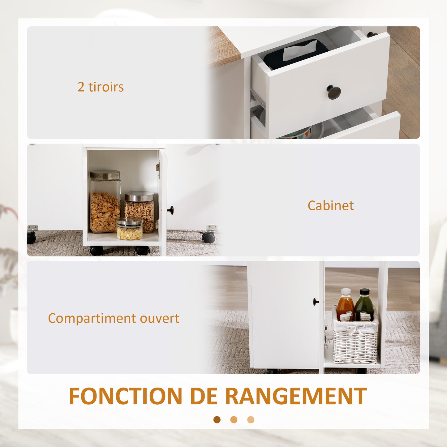 Opvouwbare Keuken- en Eettafel – Uitklapbare Tafel – Inklapbare Tafel – Verrijdbare Tafel – Ruimtebesparende Tafel – Wit – 2 Lades & Kast – Compact en Mobiel