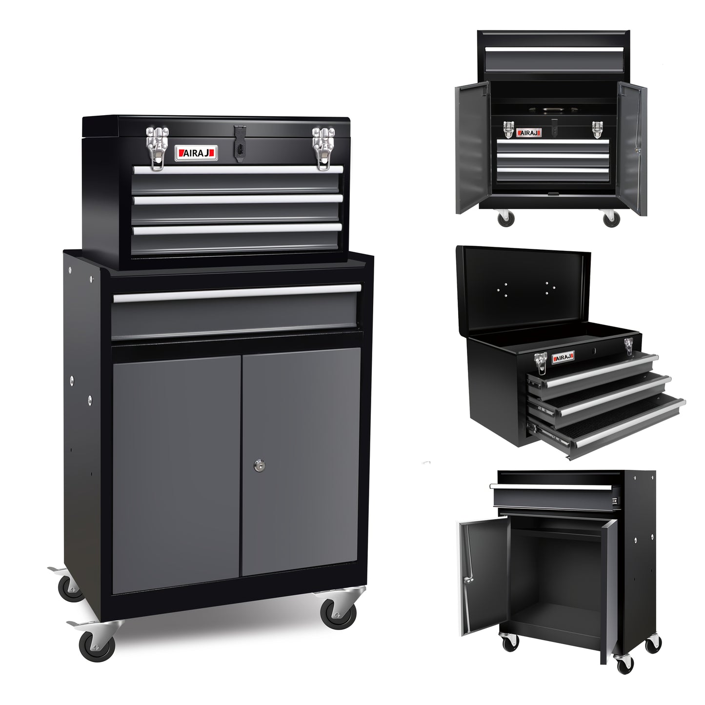 Heavy-Duty 4-Drawer Tool Chest with Detachable Top Tool Box - Locking Mechanism, Heavy-Duty Garage Workshop Cabinet with Wheels, Large Drawer Storage for Professional & Home Workshop, Garage Organization - Red/Black Industria