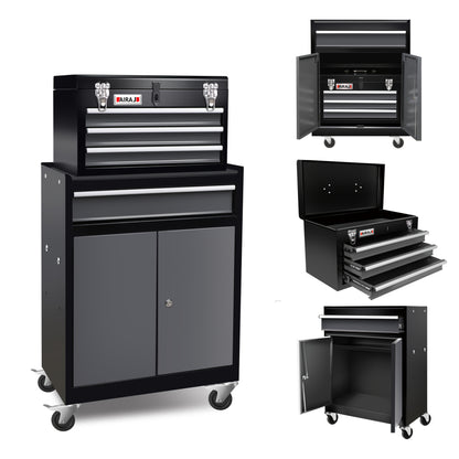 Heavy-Duty 4-Drawer Tool Chest with Detachable Top Tool Box - Locking Mechanism, Heavy-Duty Garage Workshop Cabinet with Wheels, Large Drawer Storage for Professional & Home Workshop, Garage Organization - Red/Black Industria