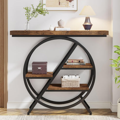 Industriële Sidetable – Haltafel – Wandtafel – Opbergtafel – Bijzettafel – Rustiek Bruin – Geometrisch Metalen Frame – 4 Niveaus Met Stevig 4cm Tafelblad