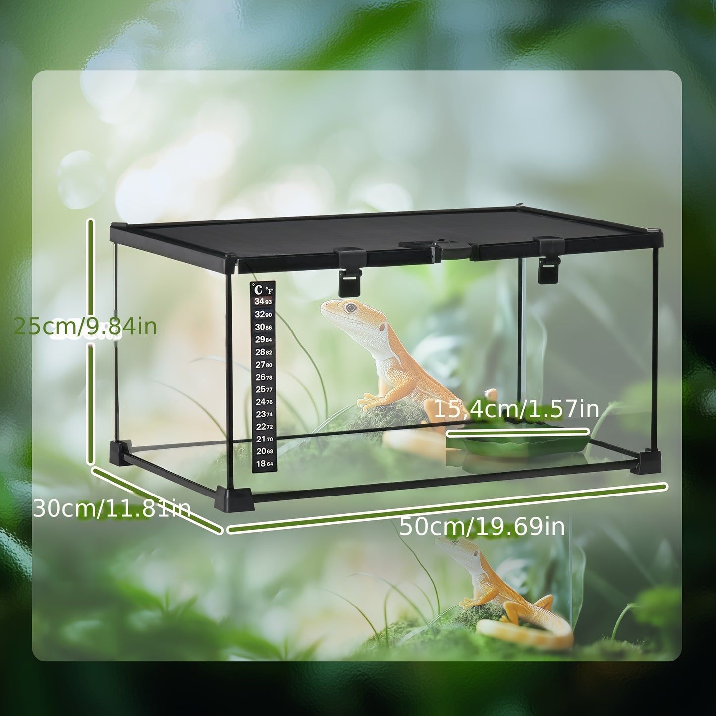 Reptilienterrarium – Glazen Terrarium – Amfibieën Terrarium – Spinnenterrarium – Kweekbak – Zwart Design – Ingebouwde Thermometer – 50 x 30 x 25 cm