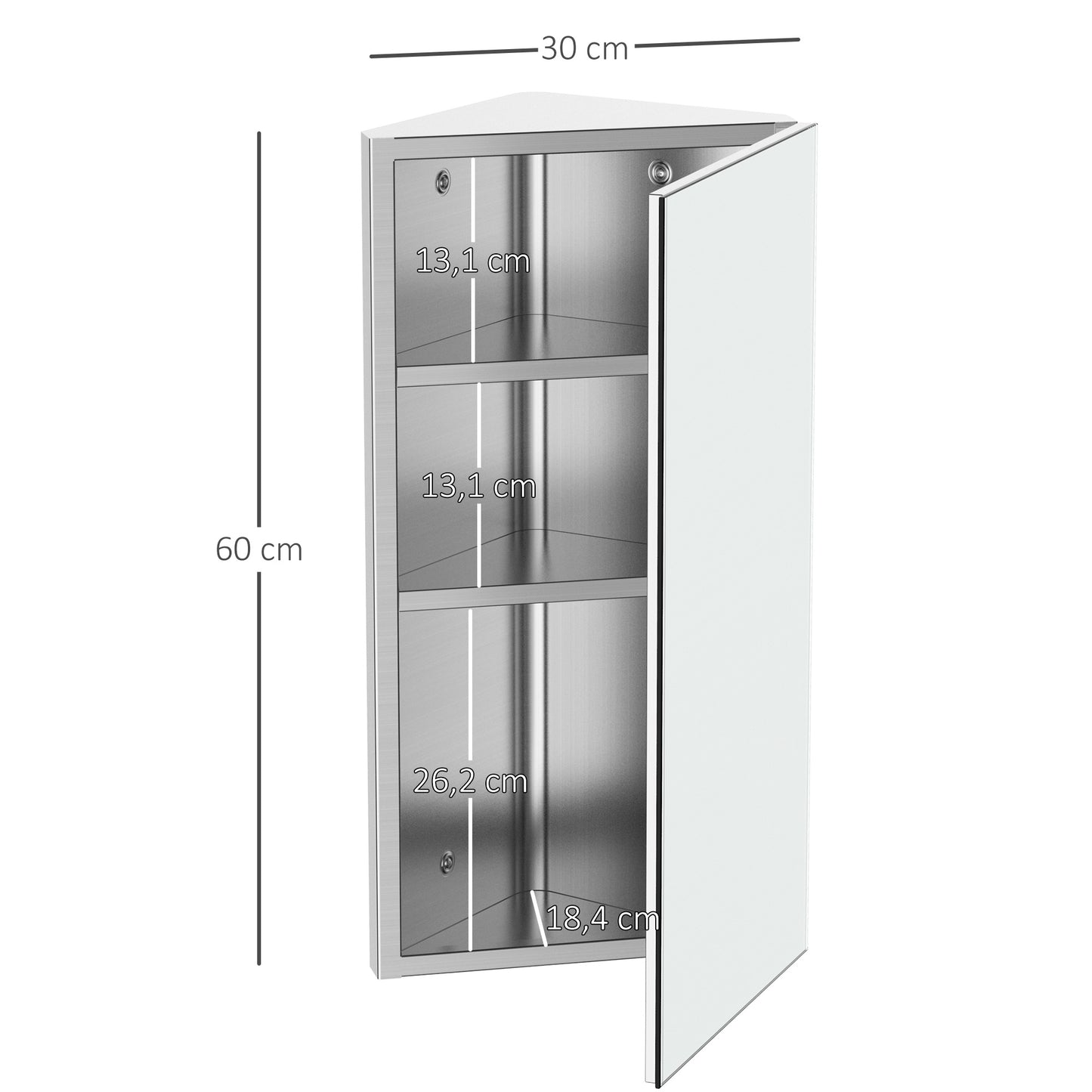 Spiegelkastje Badkamer – Toiletkastje – Wandkastje – Hoekkastje – Opbergkastje – Roestvrij Staal – Compact 30x18,4x60 cm