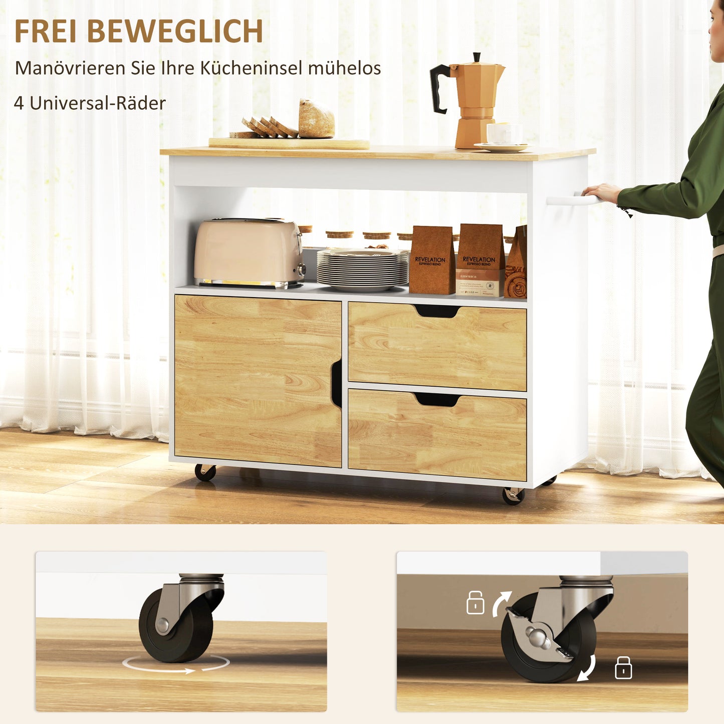 Mobiele Keukentrolley – Keukenwagen – Rijdend Keukeneiland – Keukenkast – Werktafel – Wit Met Eiken – Ruim Werkblad – Praktische Opbergruimte
