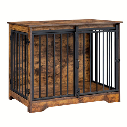 Wooden Dog Crate Furniture with Barn Door & Dual Lock - Escape-Proof Chewproof Kennel Suitable for Small/Medium Dogs, Rustic Brown Multi-Functional End Table/ Table/Bedside Cabinet - Space-Saving Indoor Dog House - QUORE