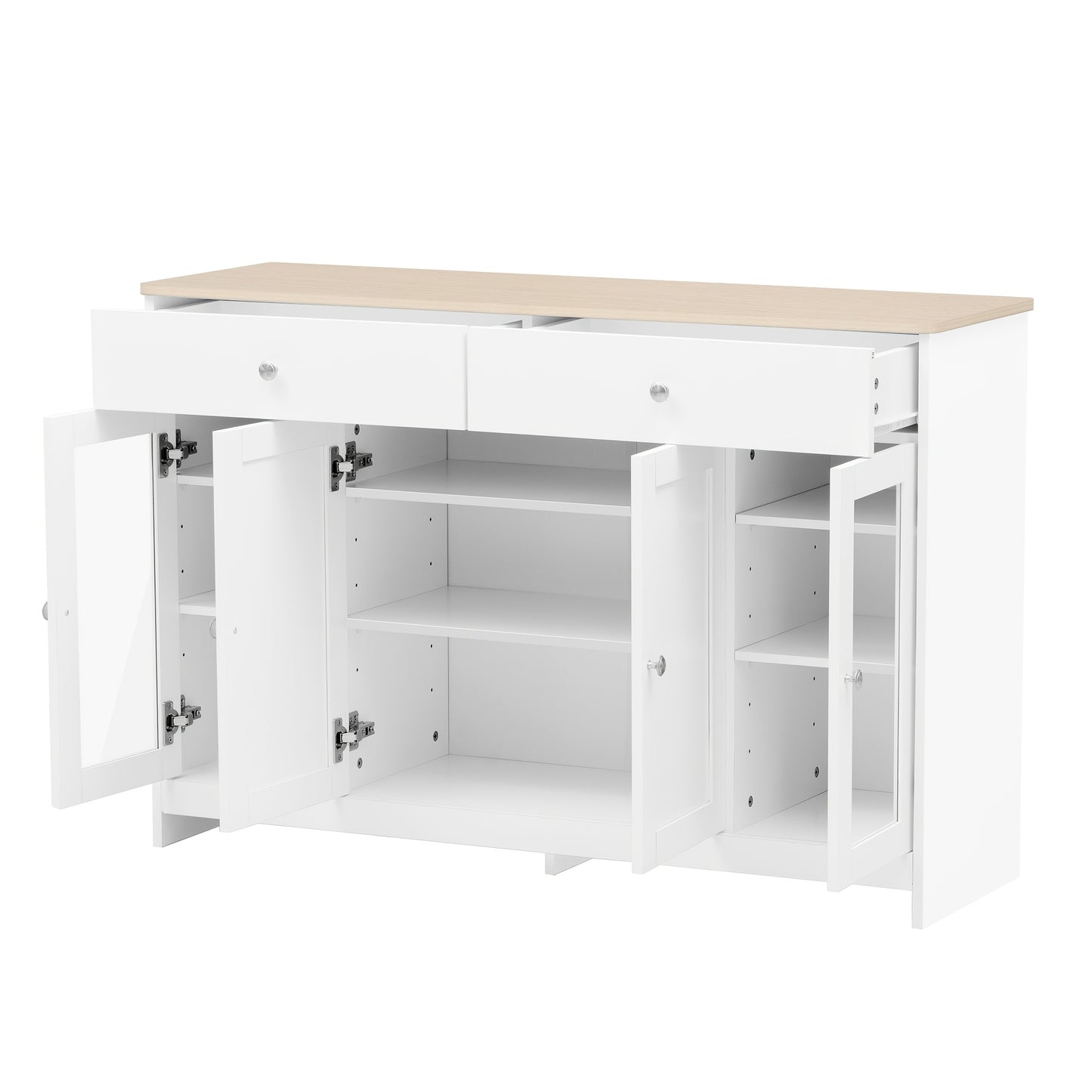 Dressoir – Sideboard – Opbergkast – Kast – Commode – Wit Houtnerf – Glasdeuren & Lades – MDF & Hardhout – Vrijstaand